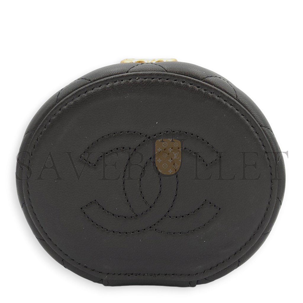CHANEL MASTER ROUND VANITY LOGOPEARL BLACK TOP HANDLE BAG IN LAMBSKIN, GOLD HARDWARE (11*9*6cm)